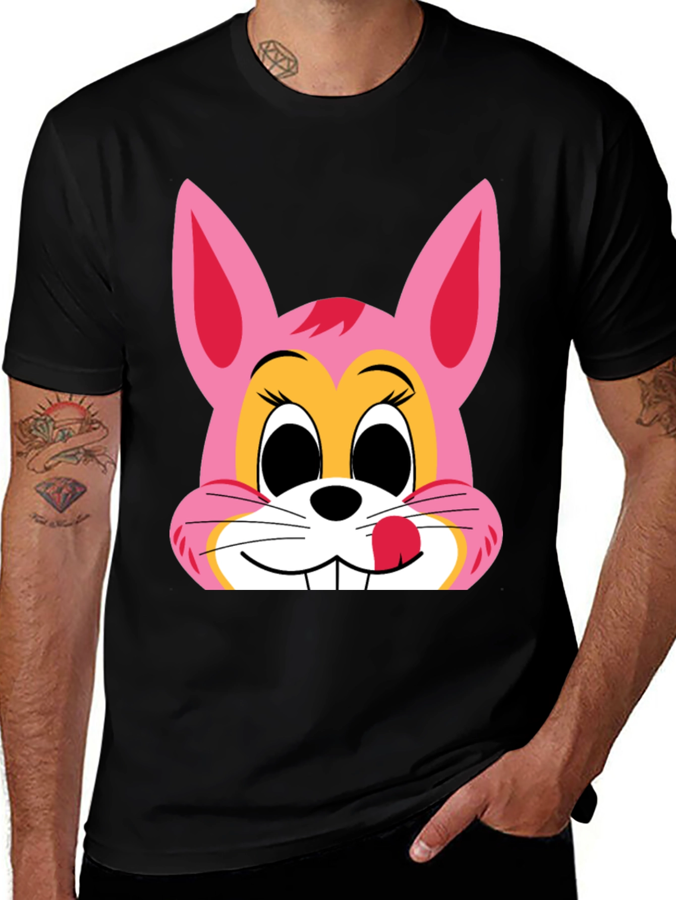 Pink Bunny Graphic Black T-Shirt