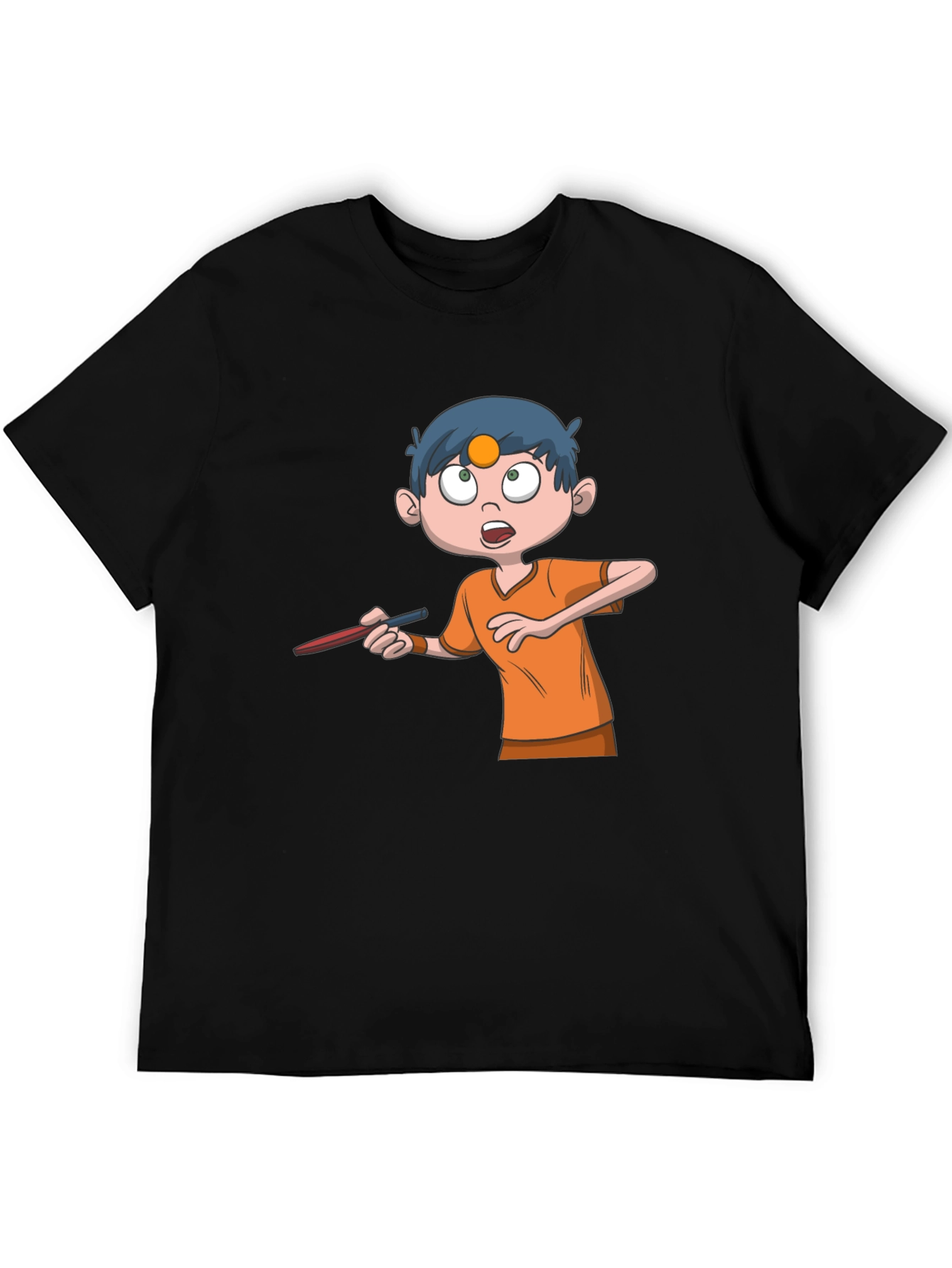 Cartoon Boy Graphic Tee - Black Cotton T-Shirt
