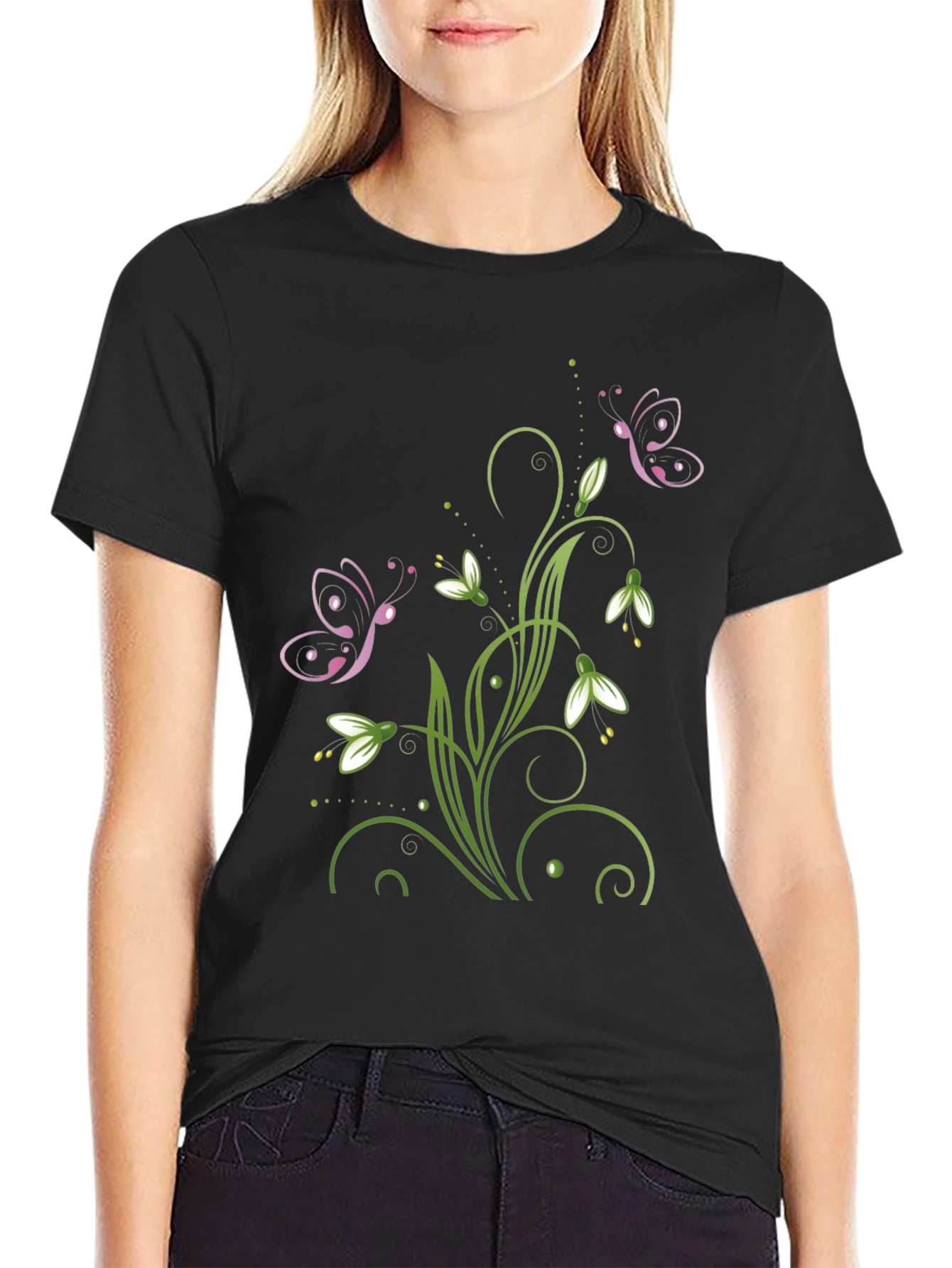 Butterfly Floral Design Black T-Shirt