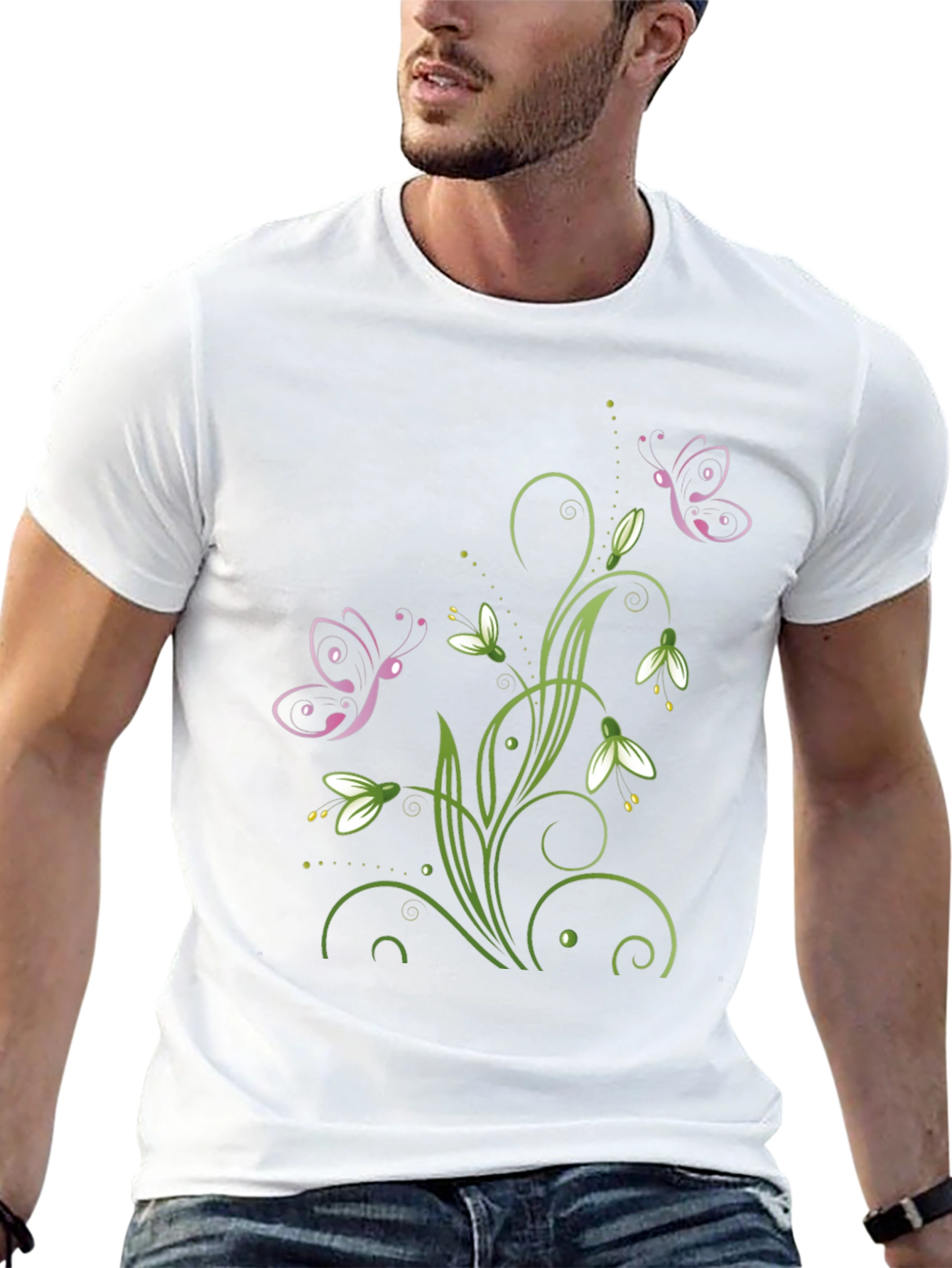 Butterfly Floral Design Black T-Shirt