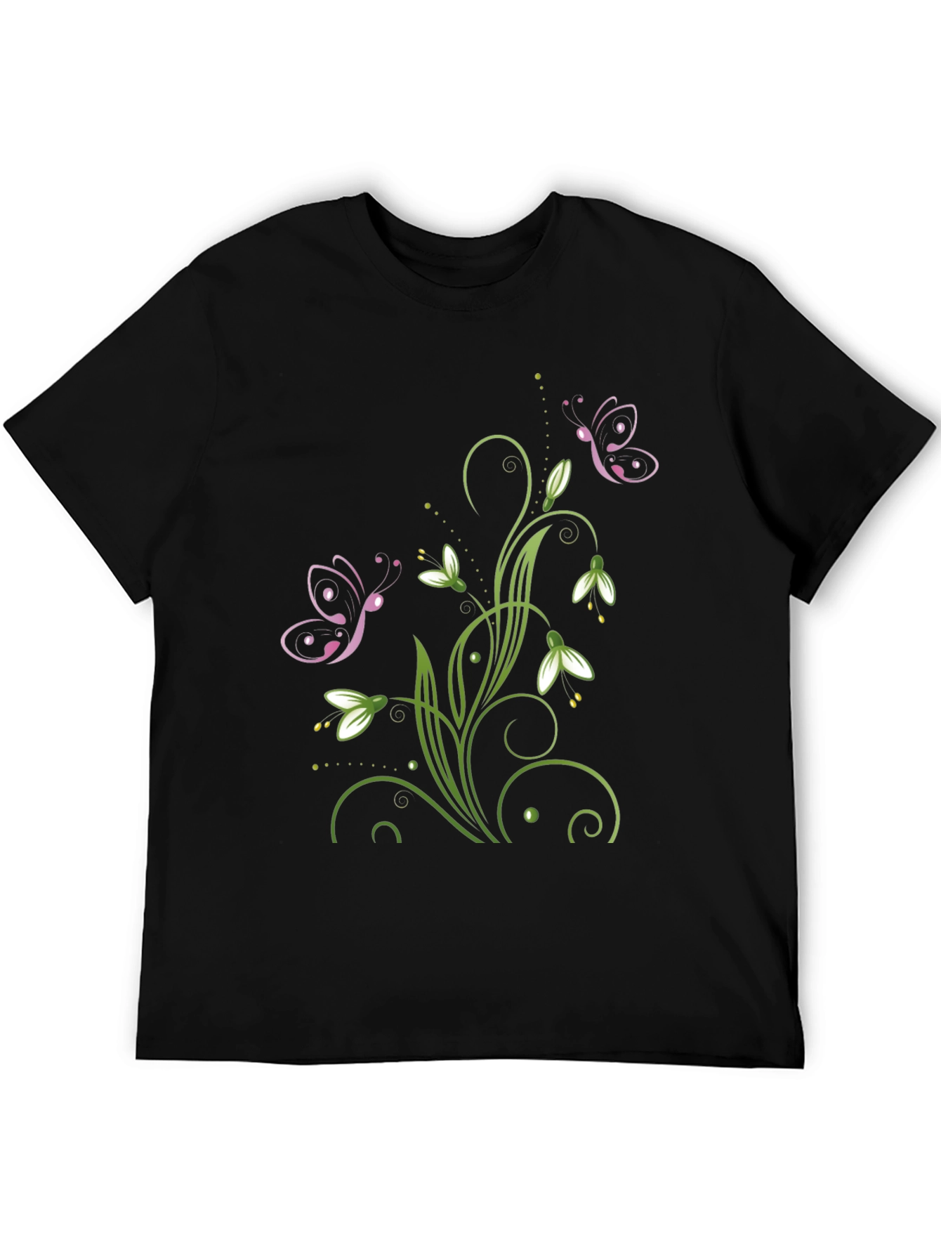 Butterfly Floral Design Black T-Shirt