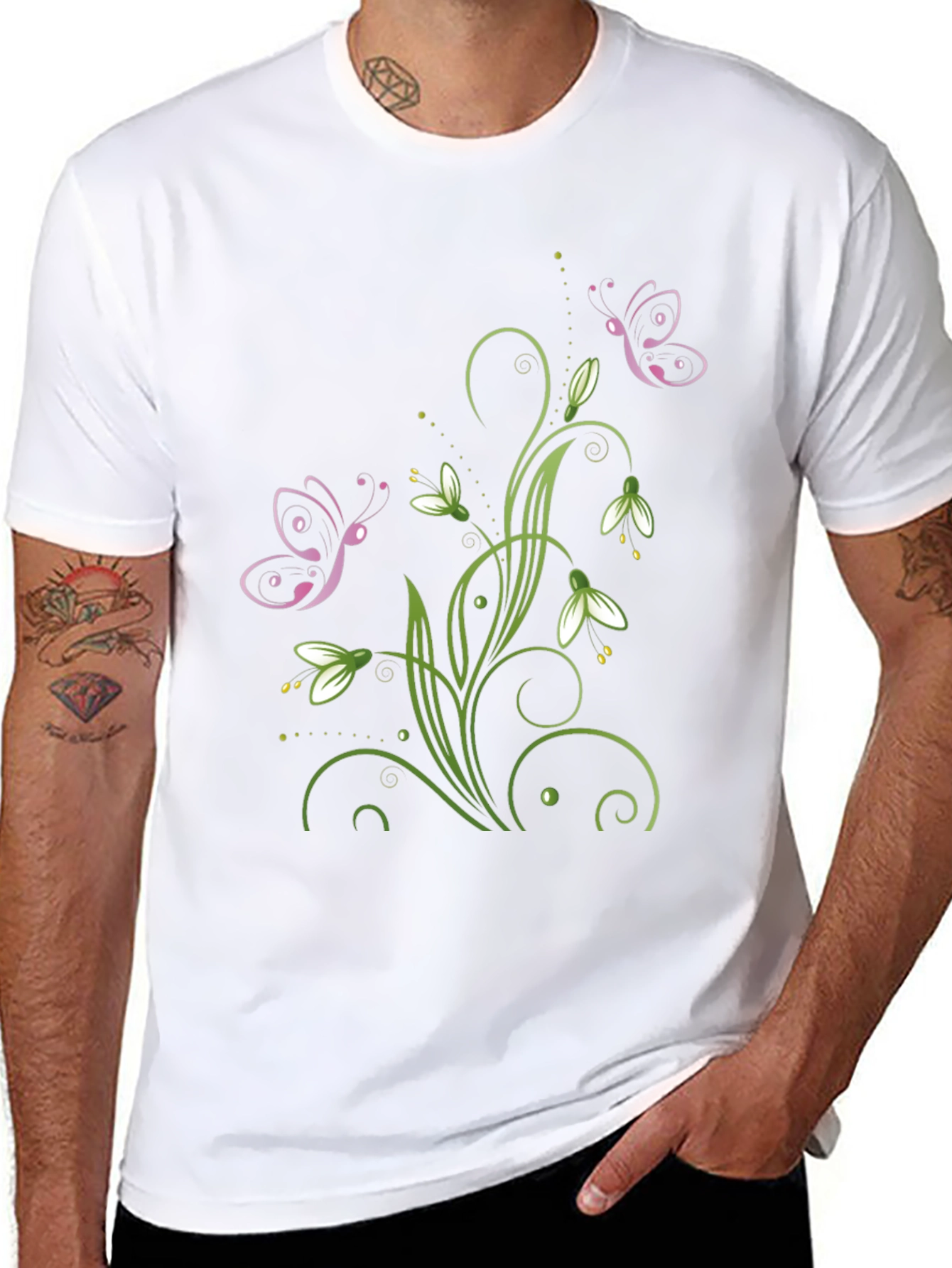 Butterfly Floral Design Black T-Shirt