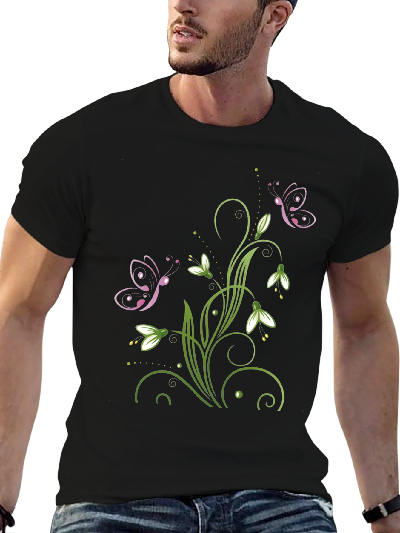 Butterfly Floral Design Black T-Shirt