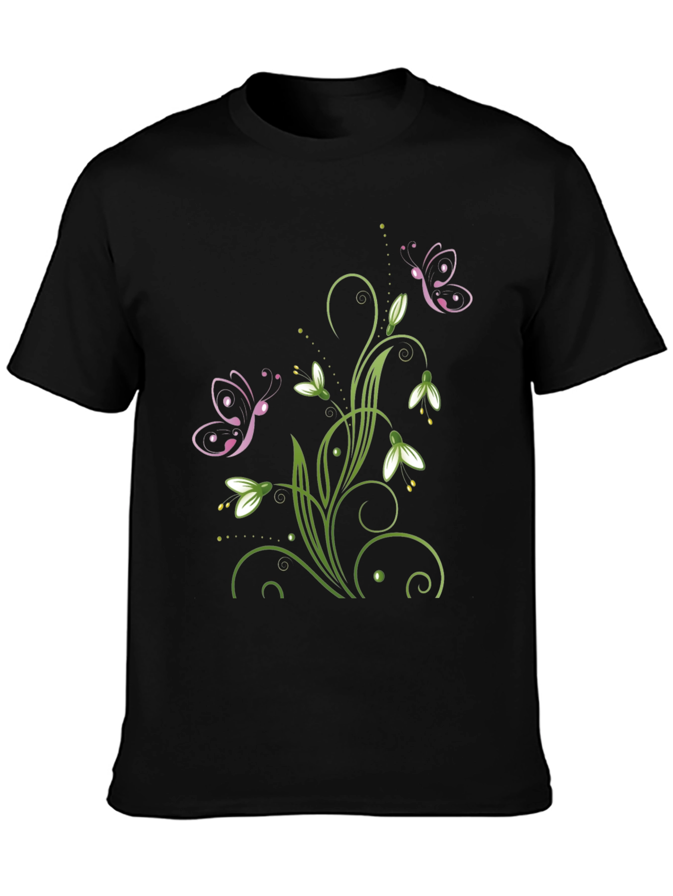 Butterfly Floral Design Black T-Shirt