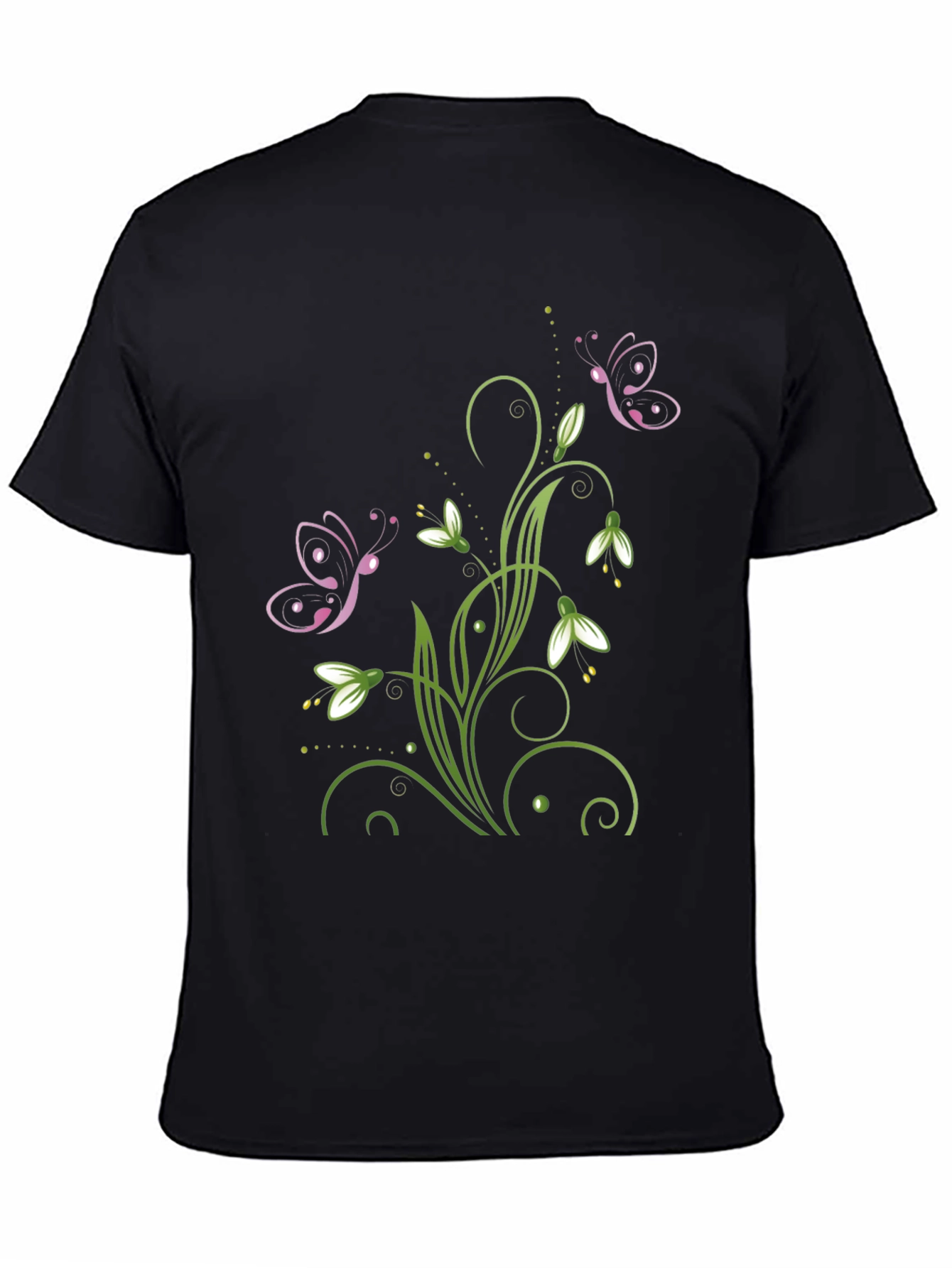 Butterfly Floral Design Black T-Shirt