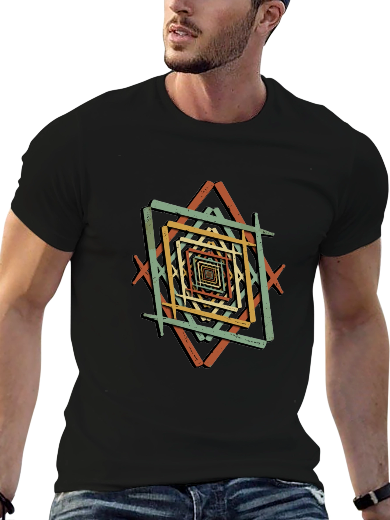 Geometric Square Pattern Black T-Shirt
