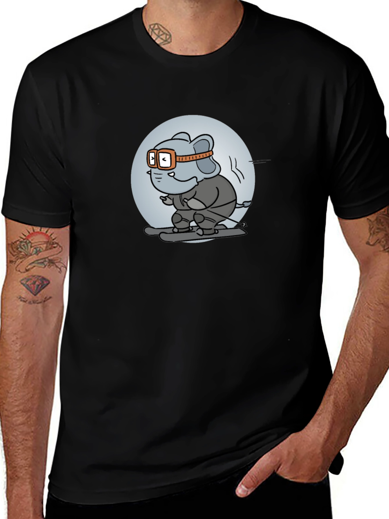 Skiing Elephant Graphic Tee - Fun Black T-Shirt