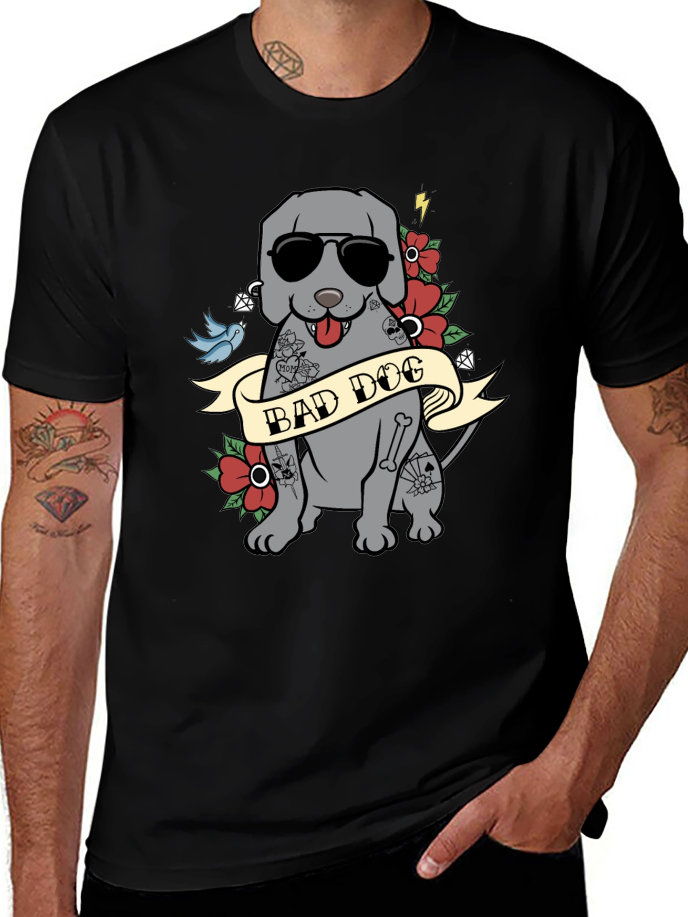Bad Dog Tattoo Style T-Shirt - Mens Graphic Tee