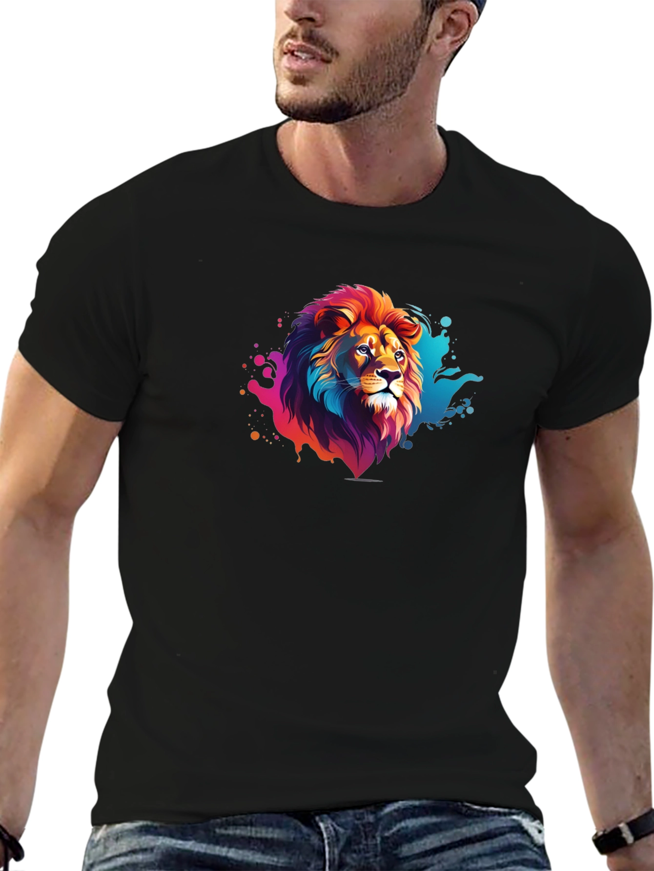 Vibrant Lion Graphic Black Tee - Bold Style
