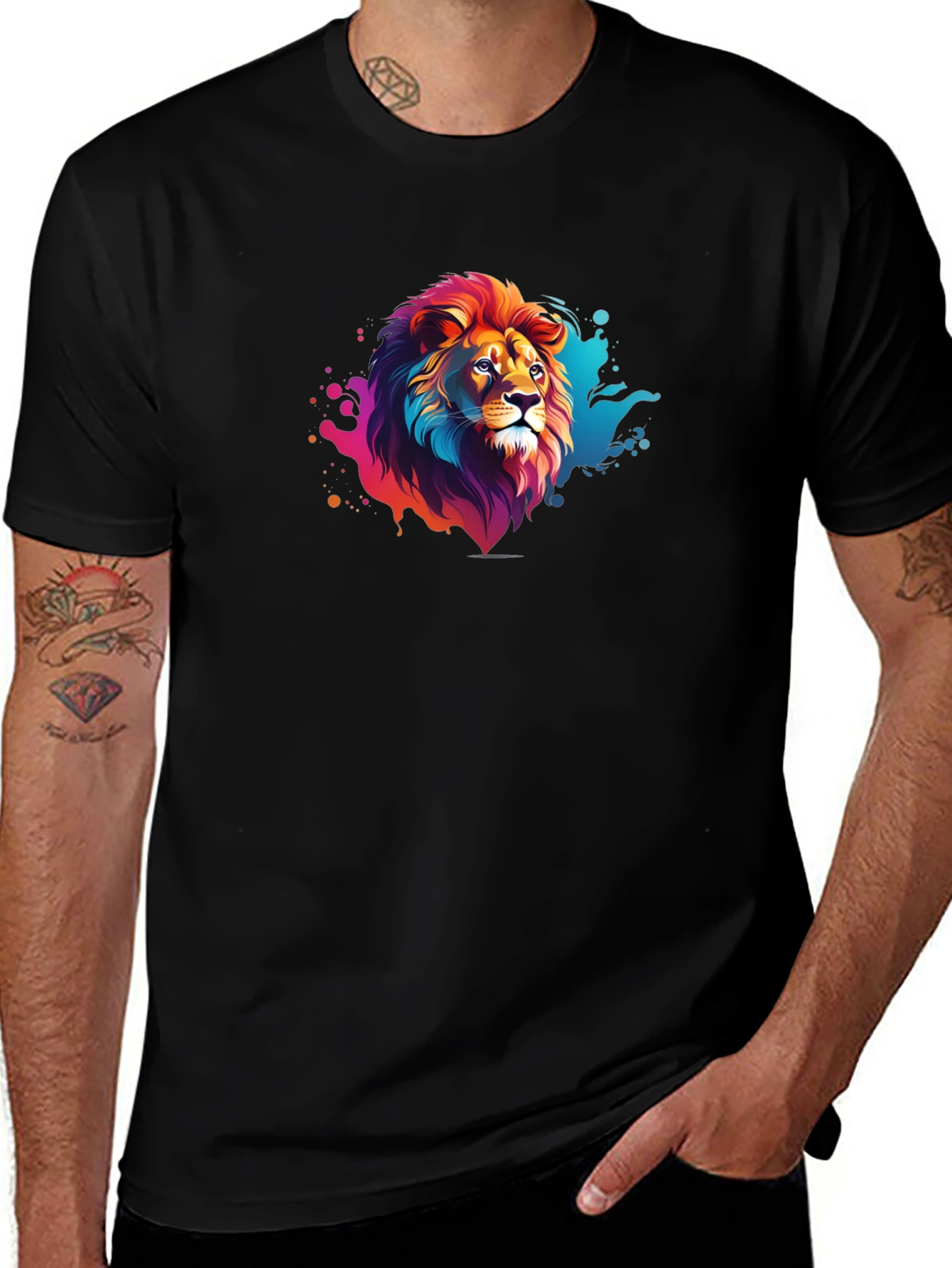 Vibrant Lion Graphic Black Tee - Bold Style