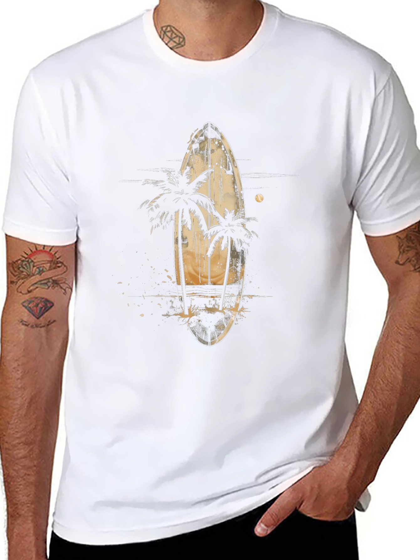 Surfboard & Palm Tree Graphic Tee - Tropical Vibes