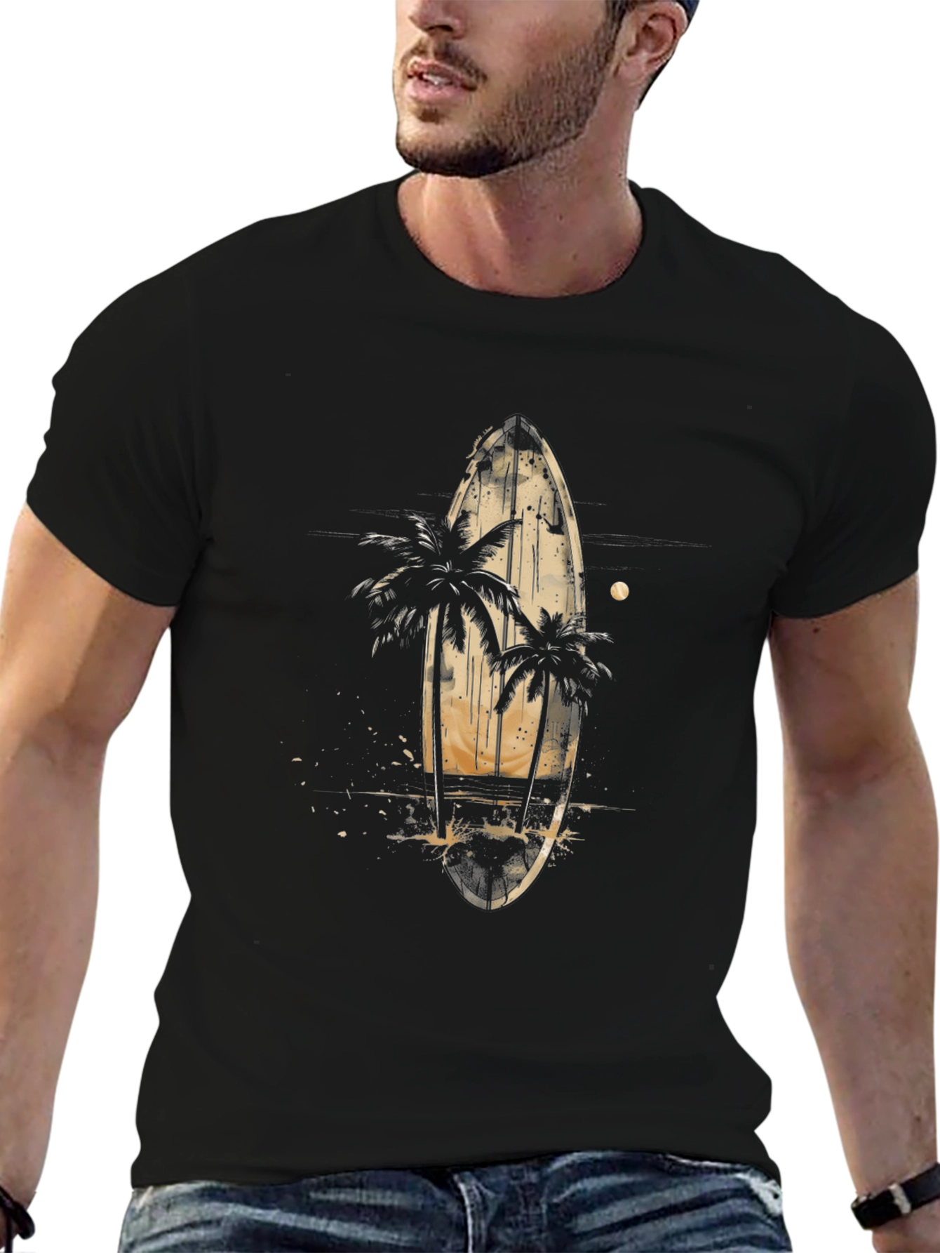 Surfboard & Palm Tree Graphic Tee - Tropical Vibes