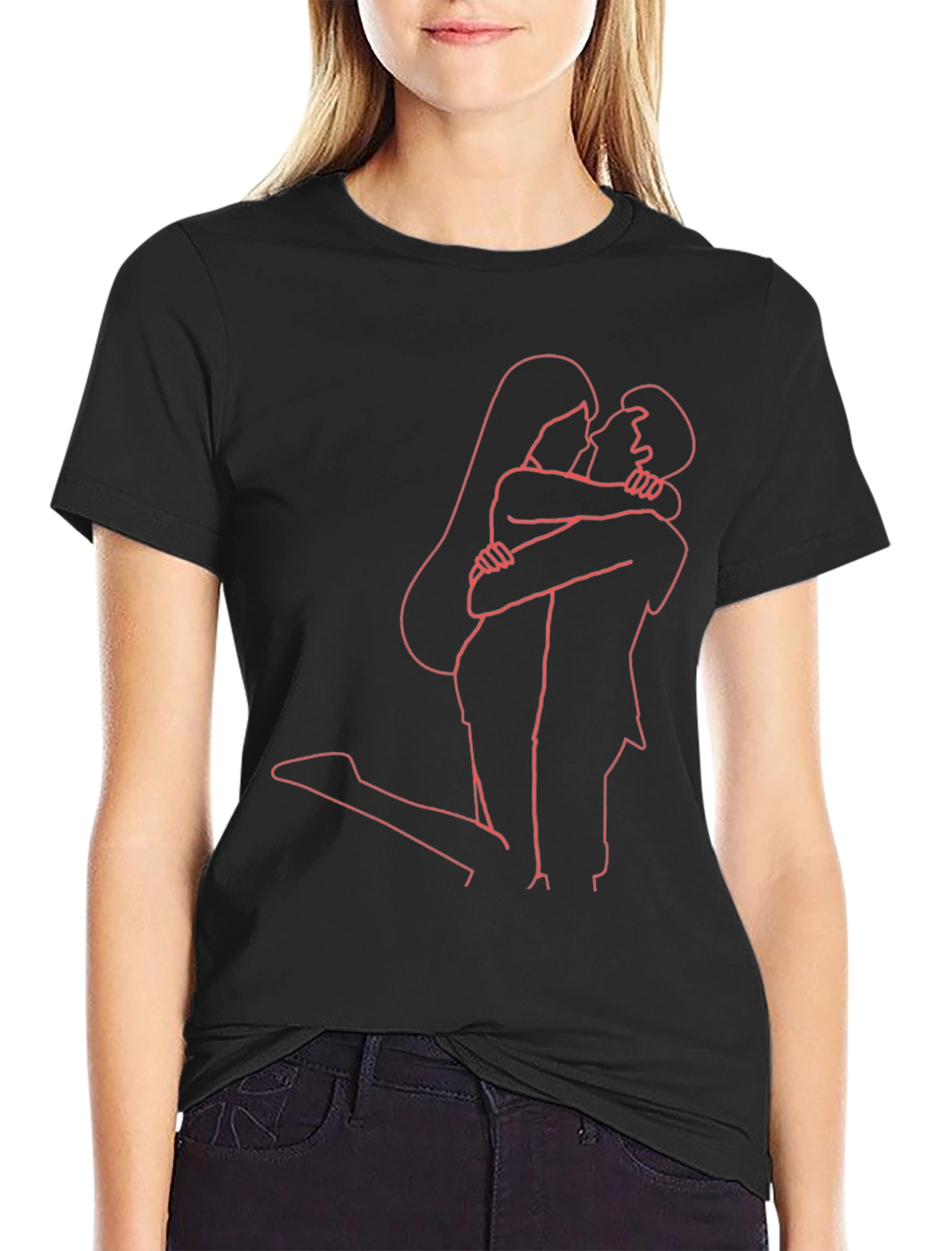 Romantic Embrace Graphic Tee - Stylish Couple Outline