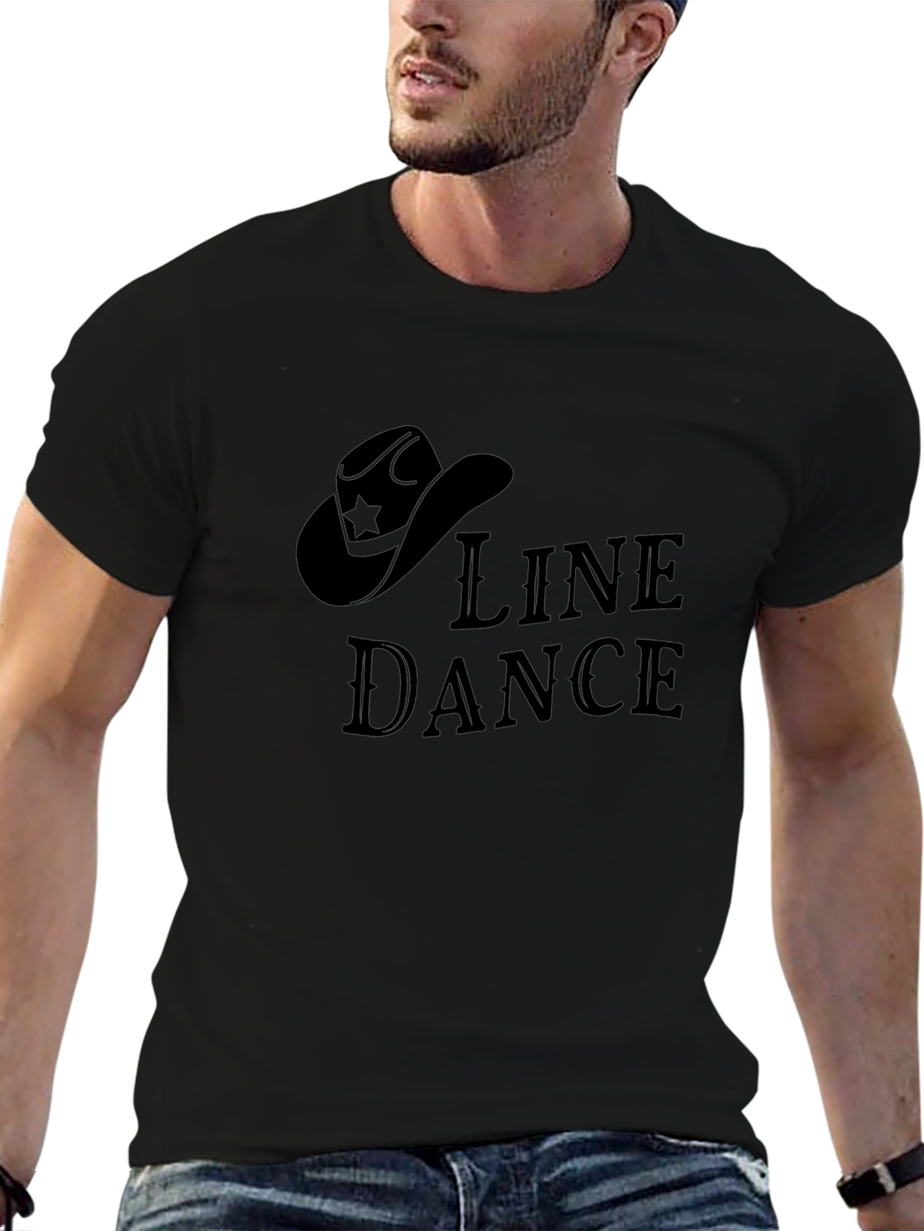 Line Dance Cowboy Hat Graphic Tee - Solid Black