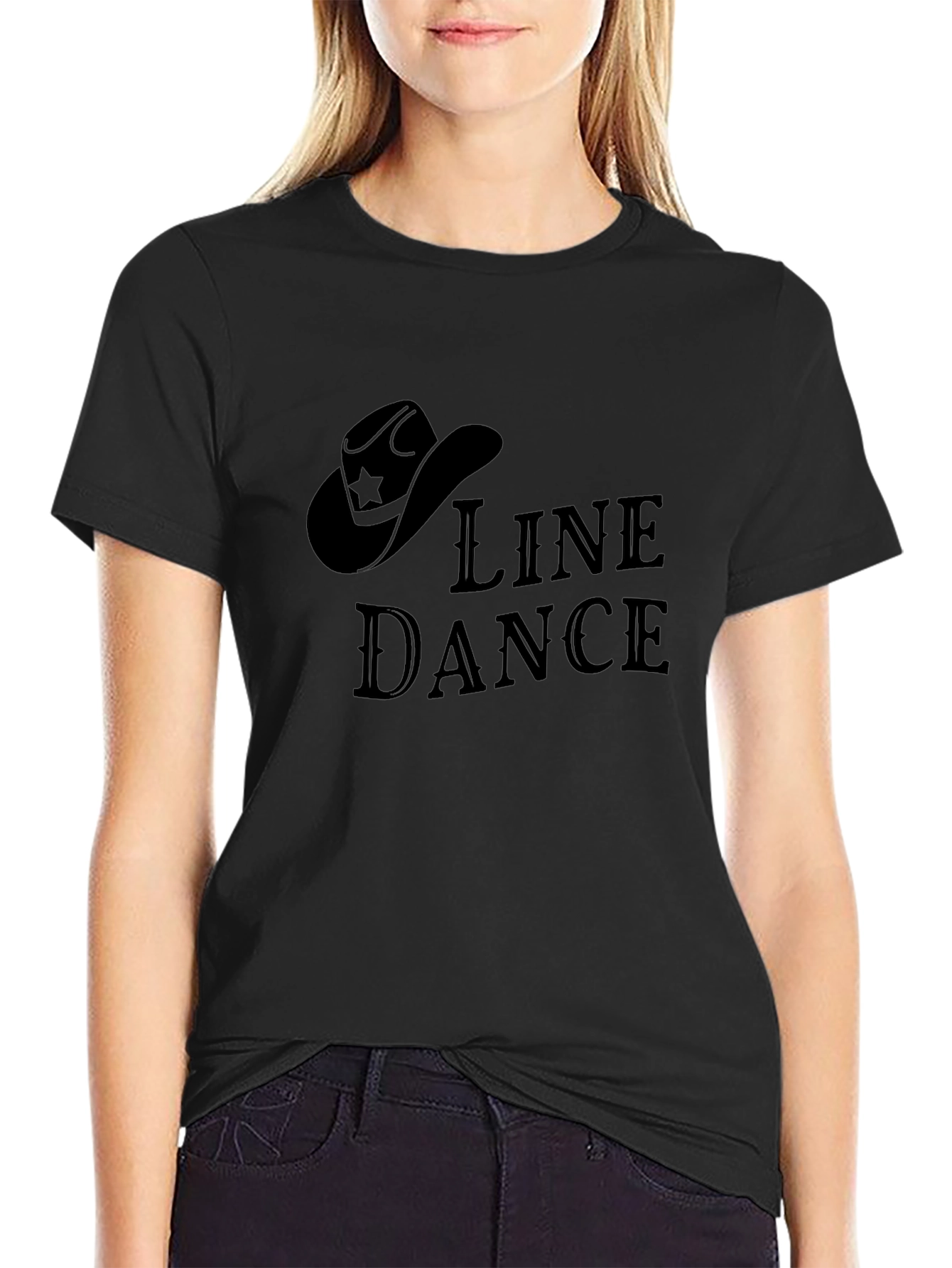 Line Dance Cowboy Hat Graphic Tee - Solid Black