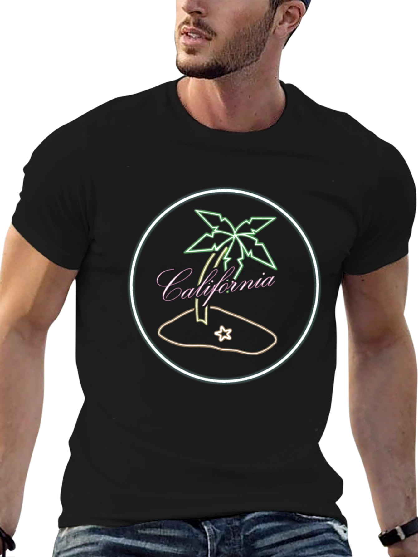 California Palm Tree Neon Graphic Black T-Shirt