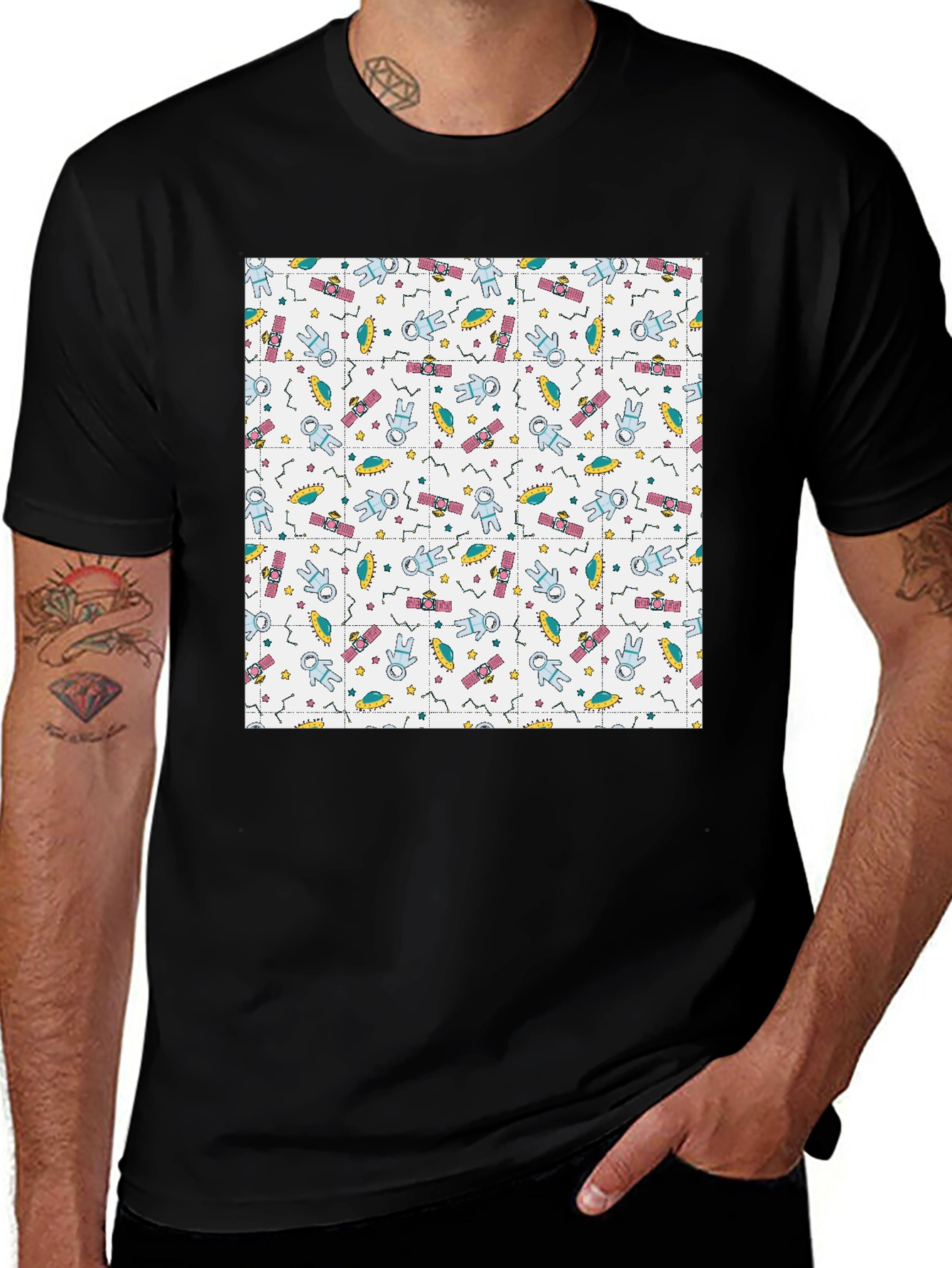 Retro Space Pattern Black T-Shirt