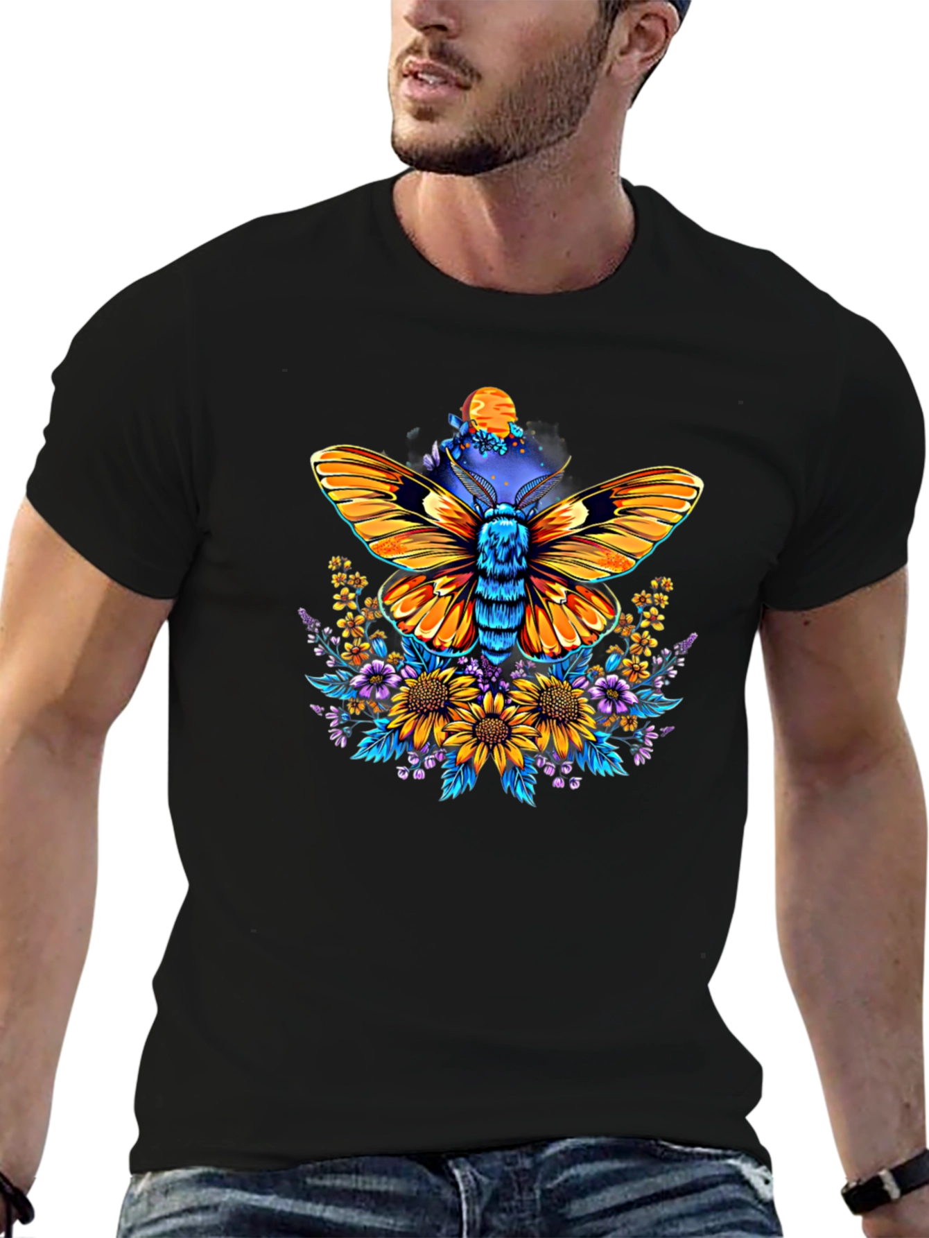 Moth & Floral Print Black T-Shirt
