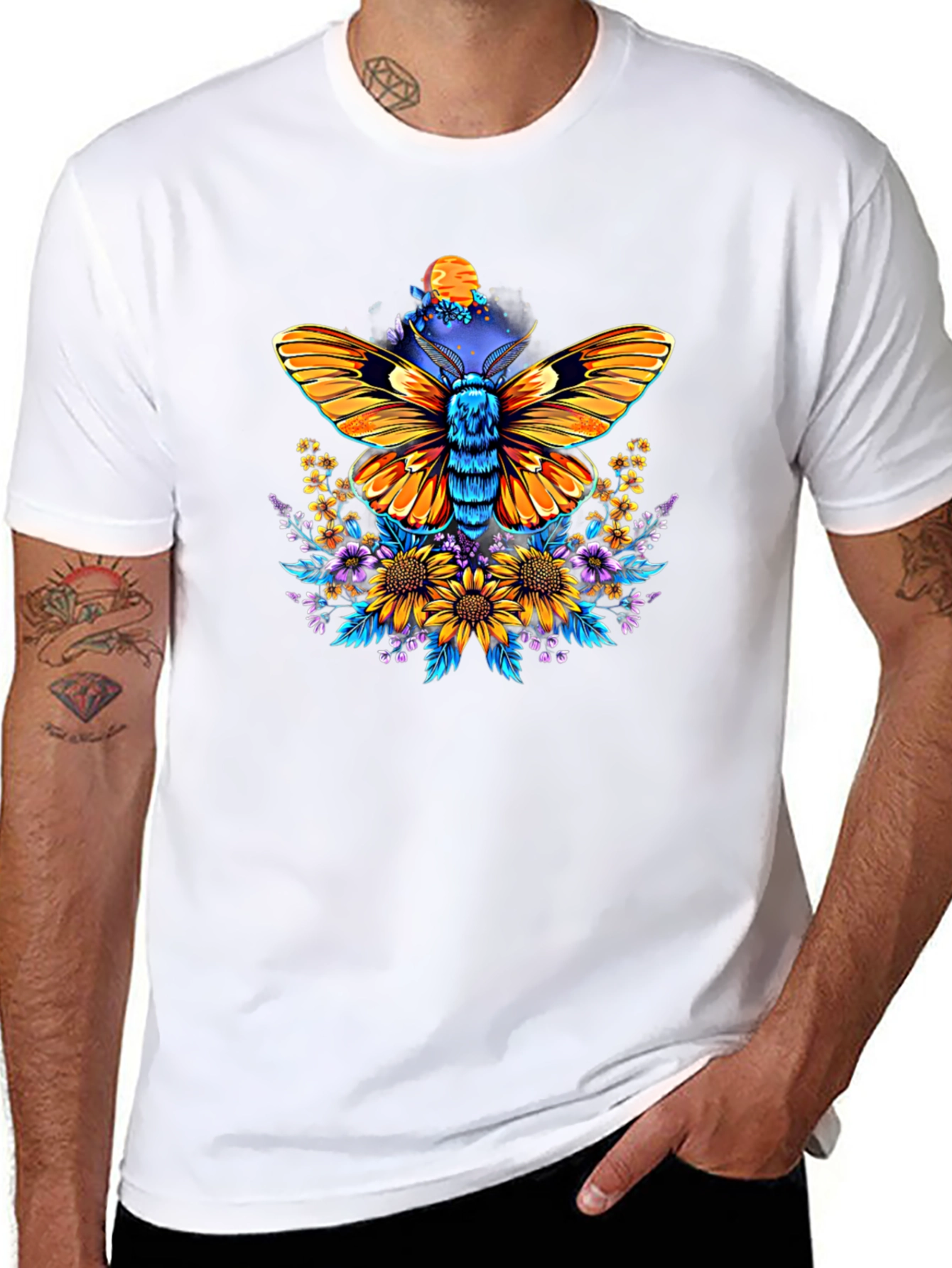 Moth & Floral Print Black T-Shirt