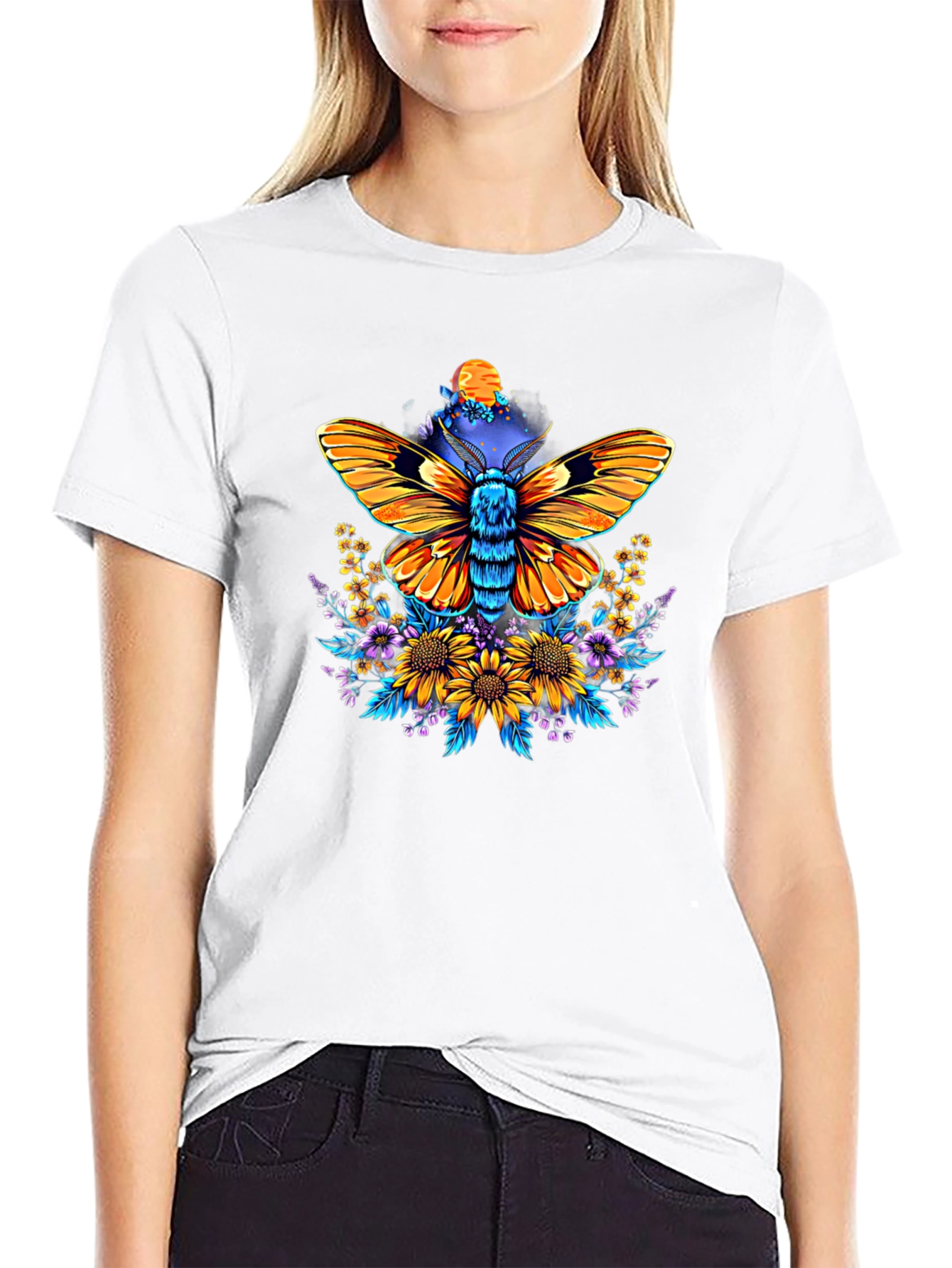Moth & Floral Print Black T-Shirt