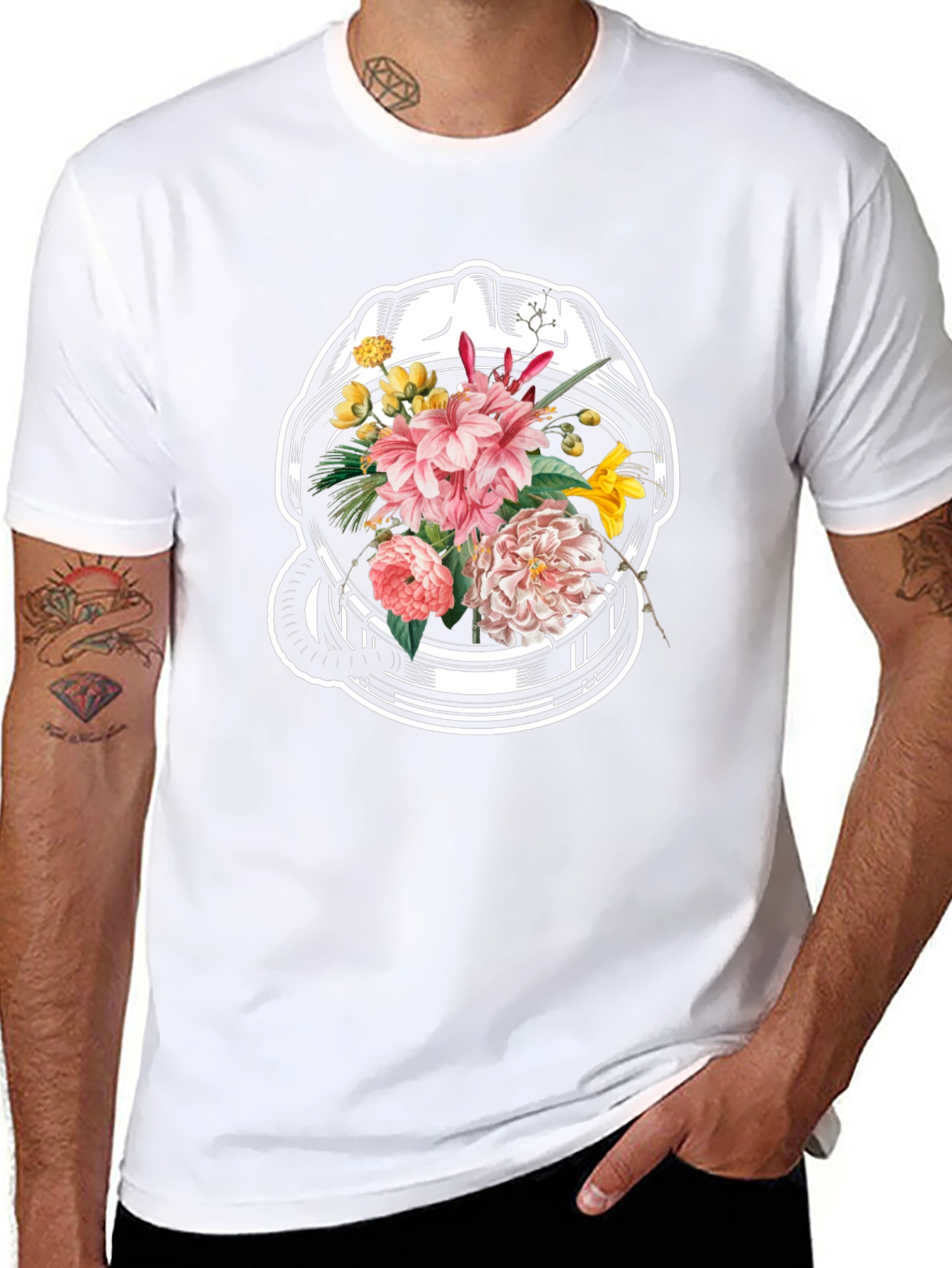 Floral Astronaut Helmet Graphic Tee - Unique Design