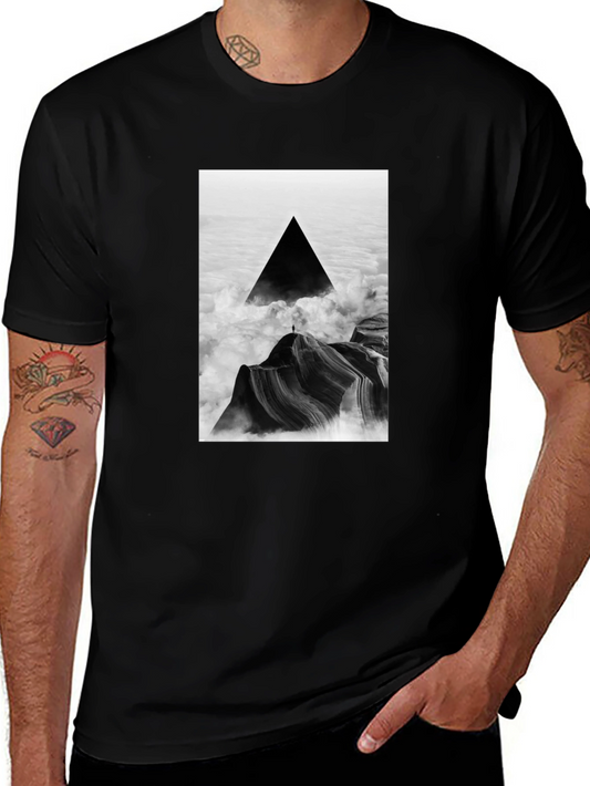Black T-Shirt with Abstract Triangle Mountain Design