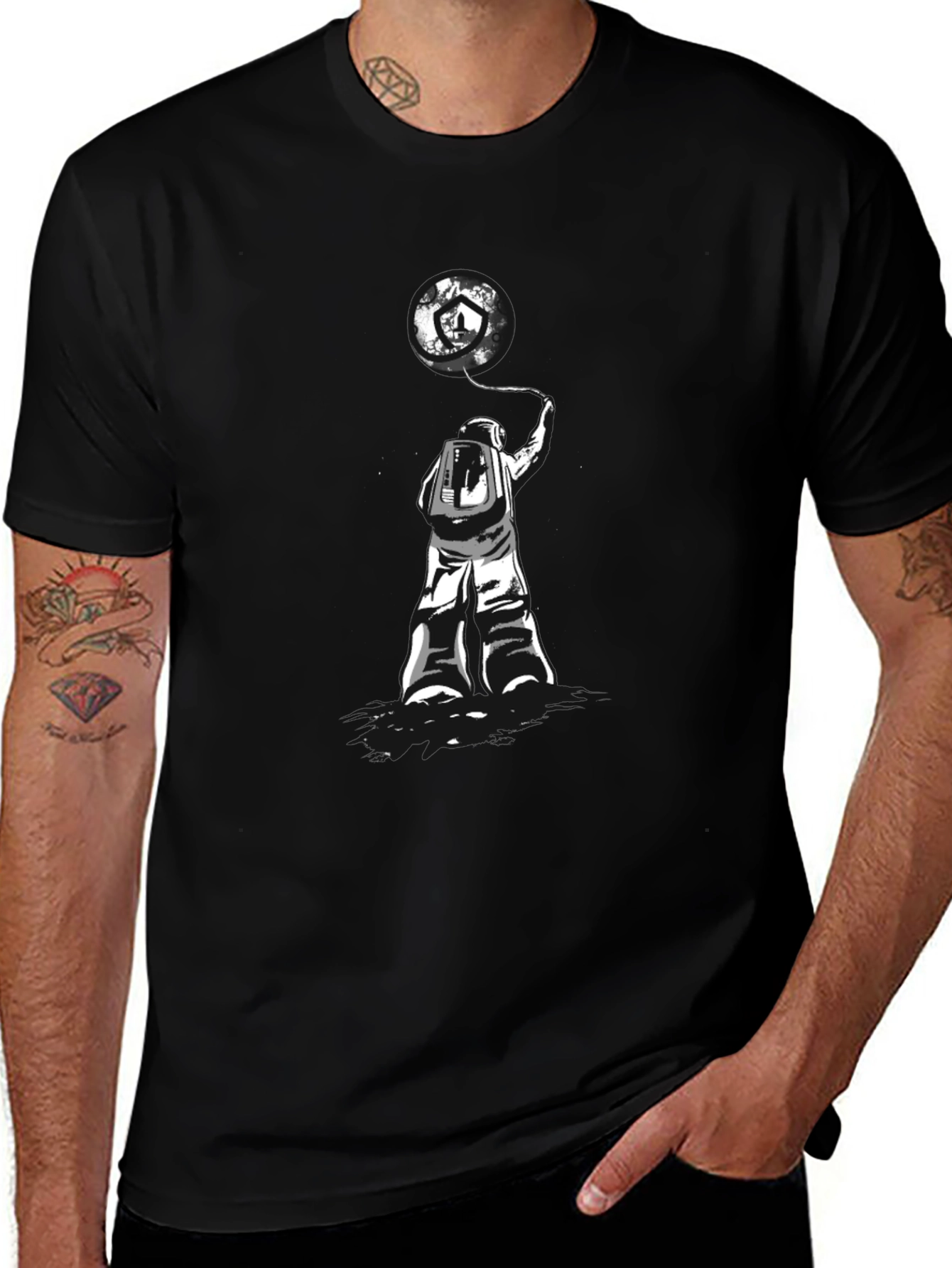 Astronaut Earth Balloon Graphic Tee - Trendy Black T-Shirt